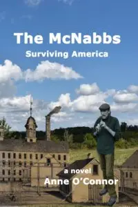 The McNabbs book cover, blue sky with clouds, historic mill, man with whistle